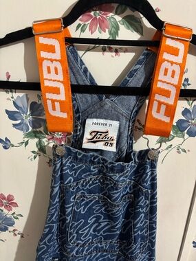 Forever 21 Denim Overall Dress with Orange FUBU Straps